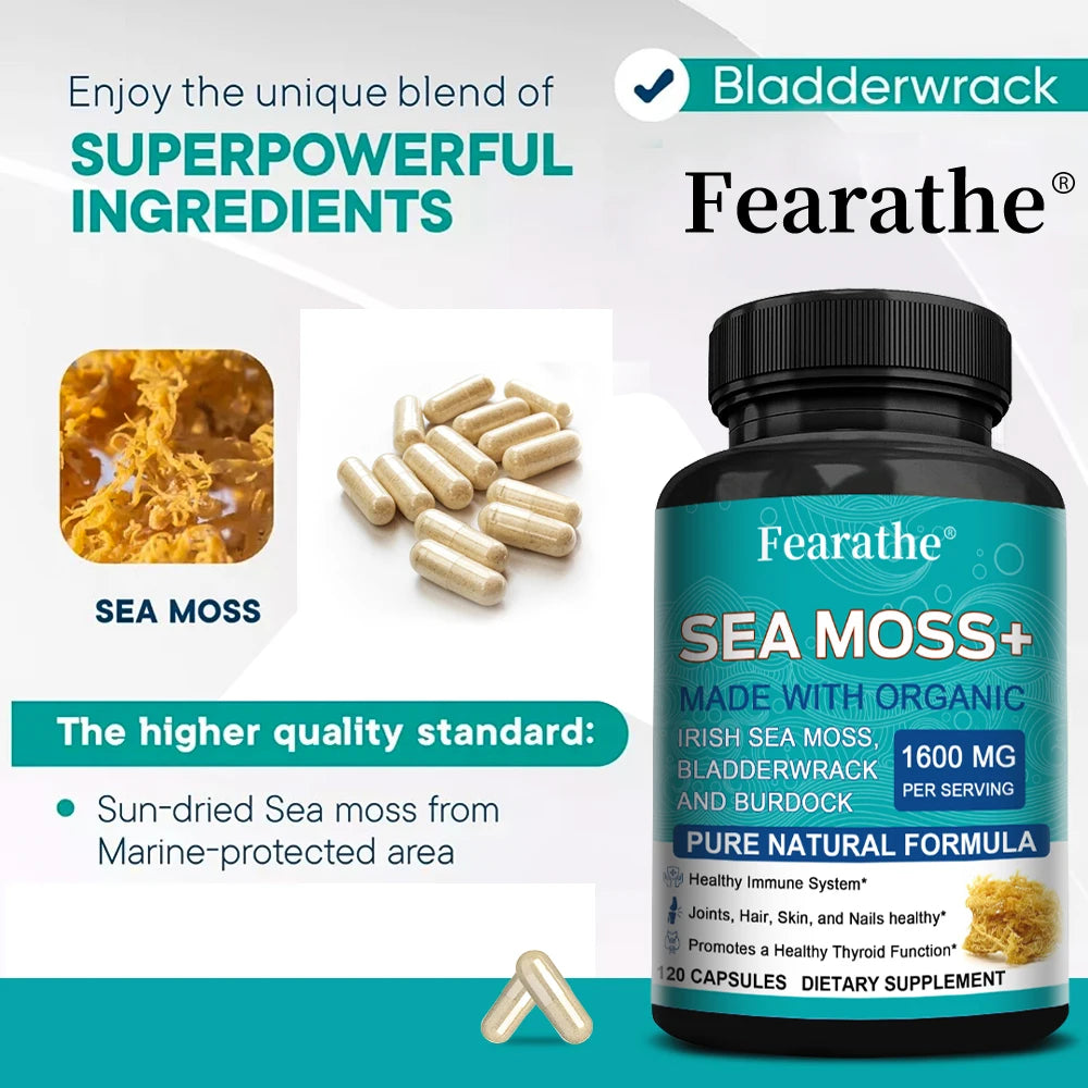Fearathe Charge Sea Moss Capsules 1600mg With Burdock Bladderwrack For Thyroid