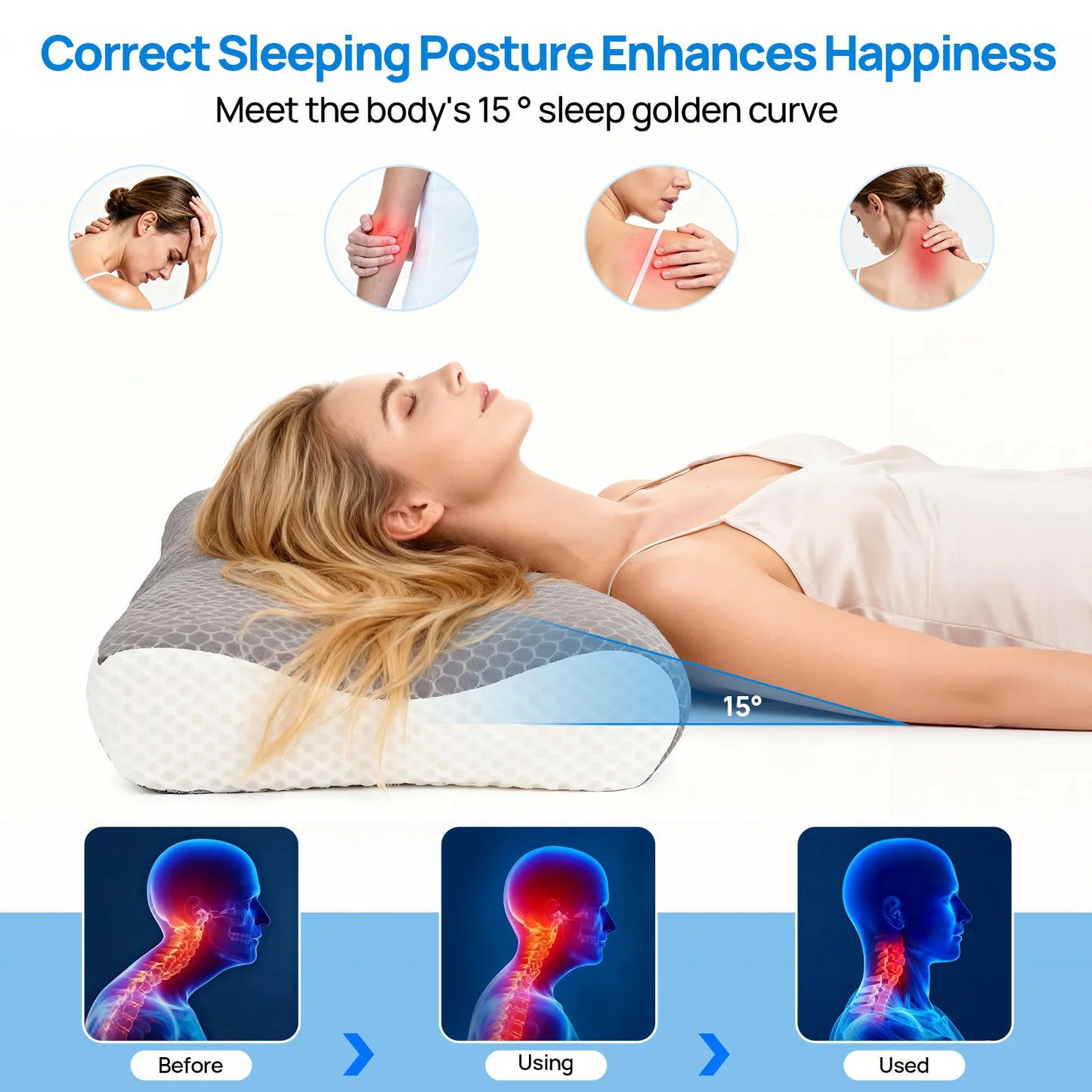JHK Cervical Memory Foam Neck Pillow Ventilated For Stomach Sleepers
