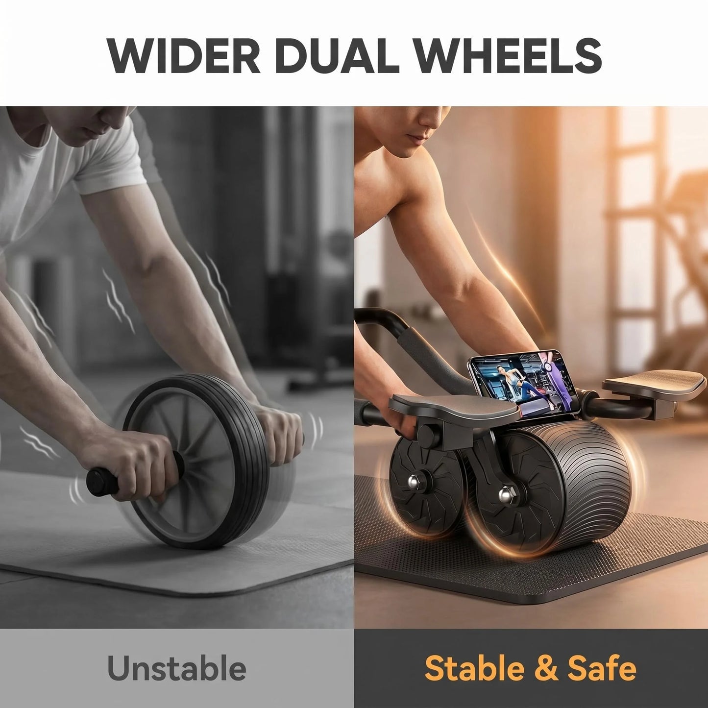 3 In 1 Core Workout Ab Roller With Knee Pad And Phone Holder Timer
