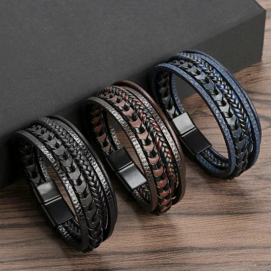 Multi Layered Vintage Leather Rope Braided Bracelet With Alloy Magnetic Buckle For Men Women
