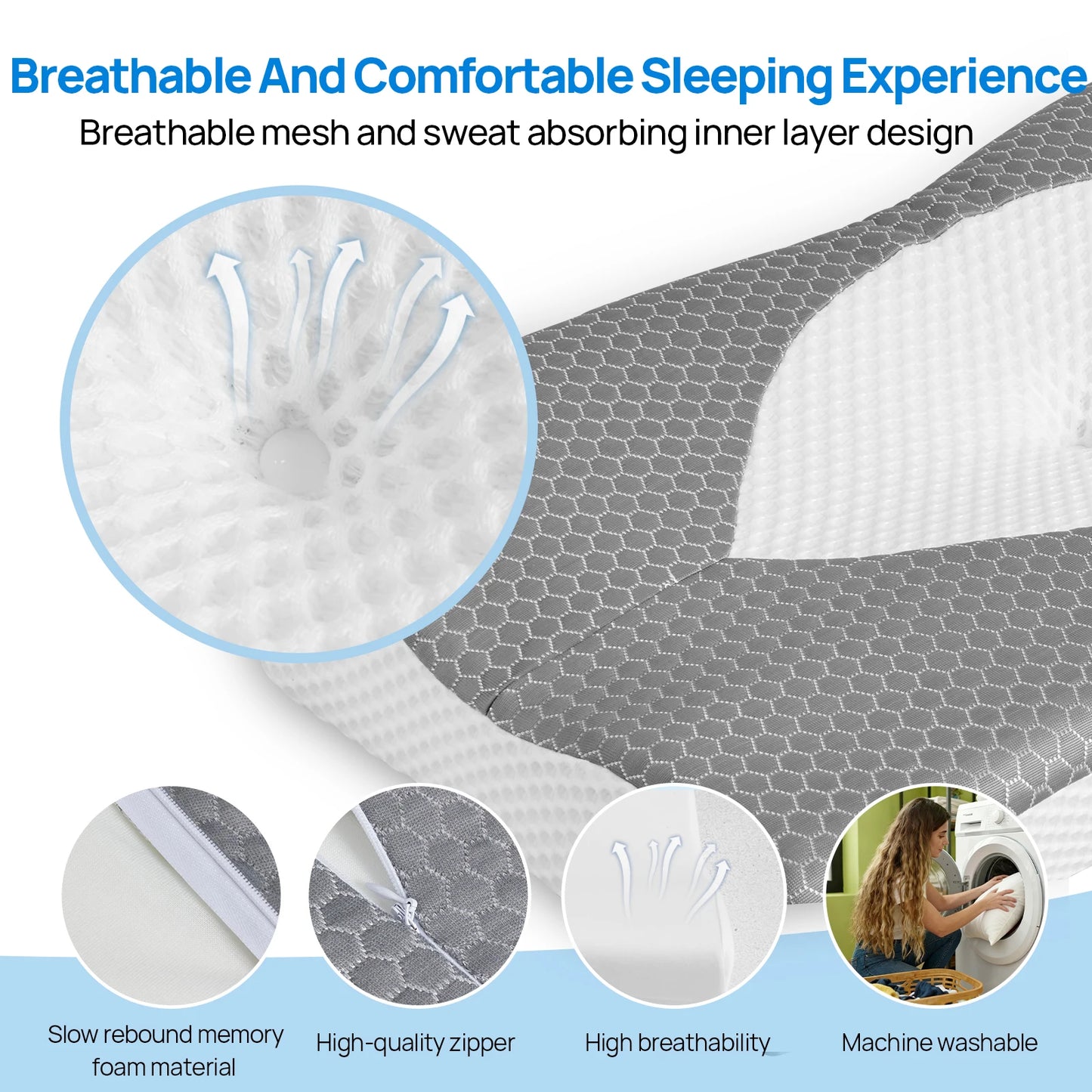 JHK Cervical Memory Foam Neck Pillow Ventilated For Stomach Sleepers