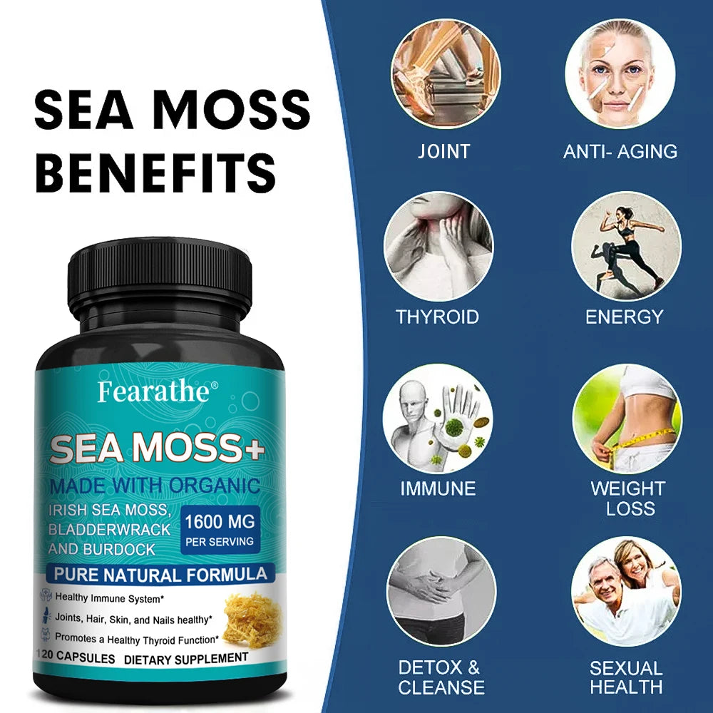 Fearathe Charge Sea Moss Capsules 1600mg With Burdock Bladderwrack For Thyroid